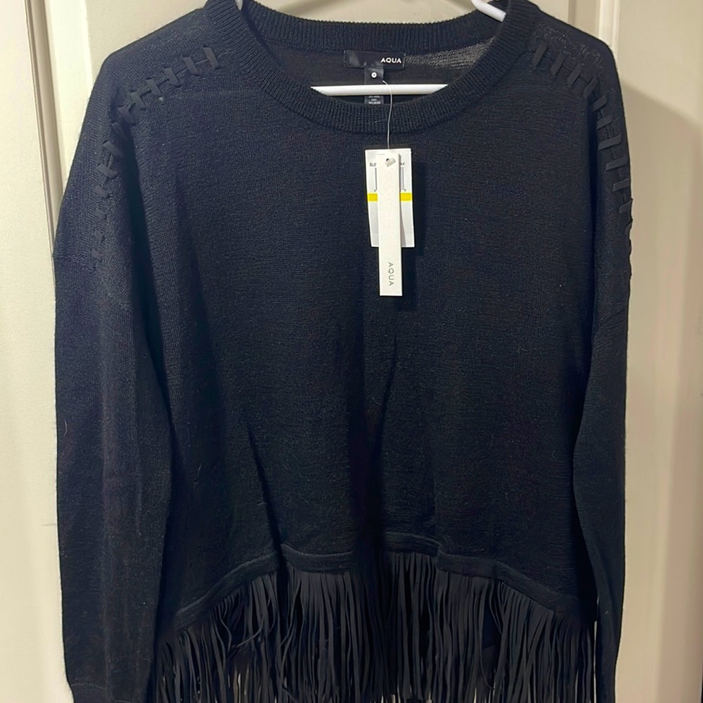 Womens aqua sweater with fringe